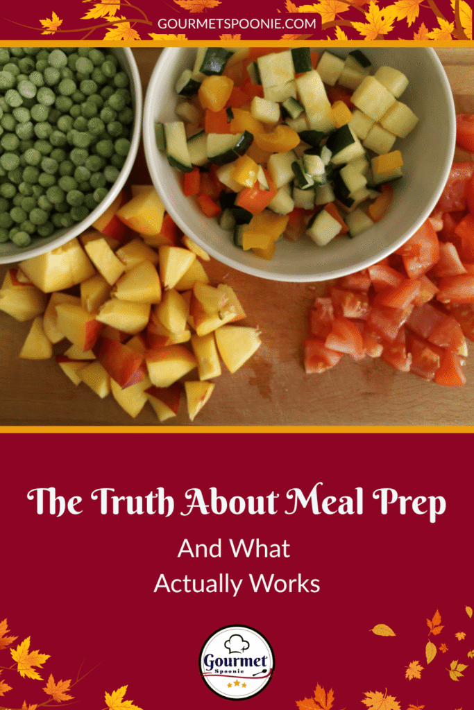 A cutting board with diced apples, tomatoes, courgettes, bell peppers, and a bowl of green peas. Text below reads, The Truth About Meal Prep And What Actually Works—easy meal prep ideas for every Spoonie. Leaf decorations adorn the border.