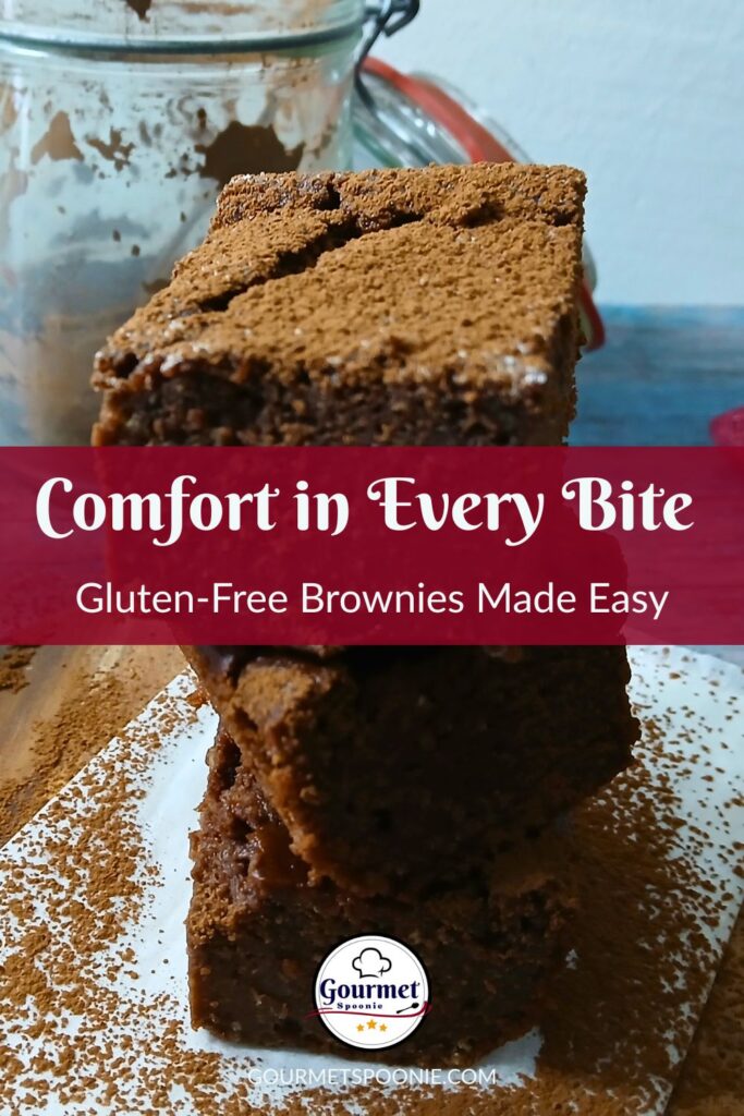 Three stacked gluten-free brownies dusted with cocoa powder sit on a white surface. In the background is a glass jar, and text on the image reads, Comfort in Every Bite. Indulge in gluten-free and dairy-free brownies made easy.