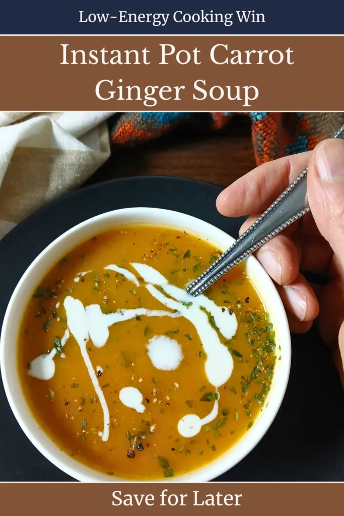 Easy instant pot carrot ginger soup styled in a cosy setting, spoonie-friendly vegan soup for low energy days