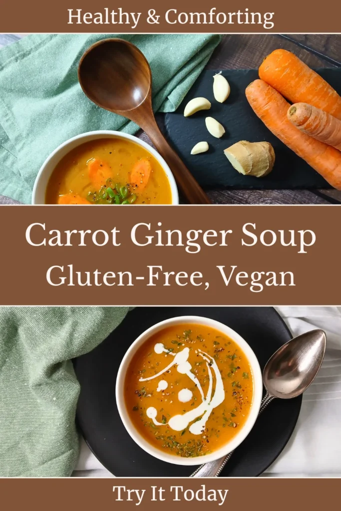 Two bowls of carrot and ginger soup, one with garnishes and a wooden spoon, surrounded by garlic, ginger, carrots, and a green cloth. Text highlights it as gluten-free, vegan, healthy, and comforting.