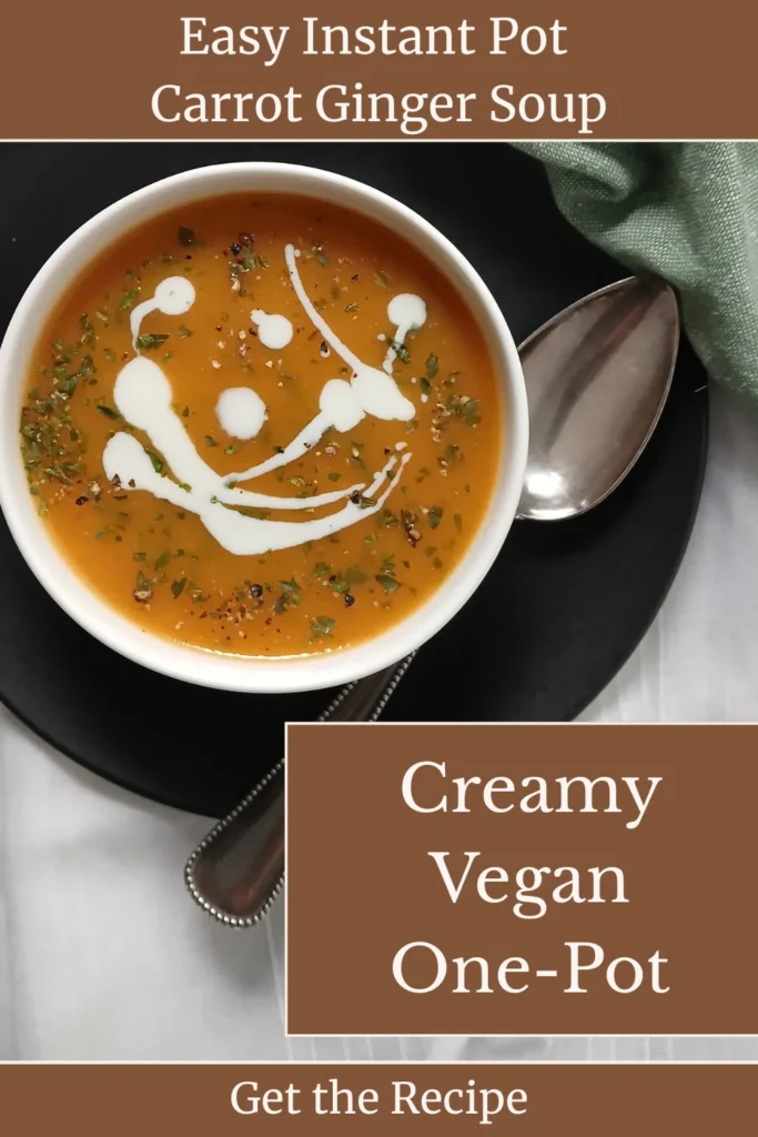 Creamy instant pot carrot ginger soup in a bowl with fresh ginger garnish and spoon, vegan healthy soup recipe
