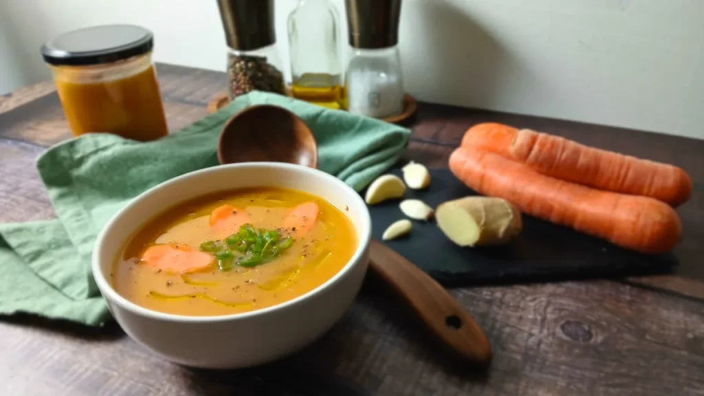 A bowl of easy carrot and ginger soup garnished with herbs, surrounded by fresh carrots, garlic, ginger, and seasonings on a wooden table.