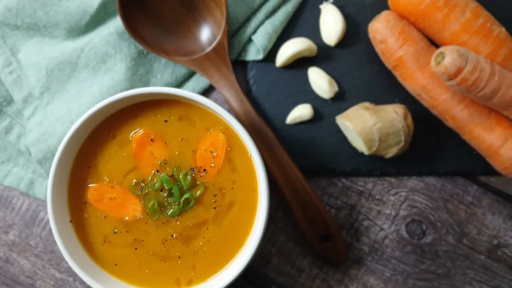 A bowl of easy carrot soup garnished with sliced carrots and spring onions, with fresh carrots, garlic cloves, and ginger on a slate board beside it. A wooden spoon rests nearby.