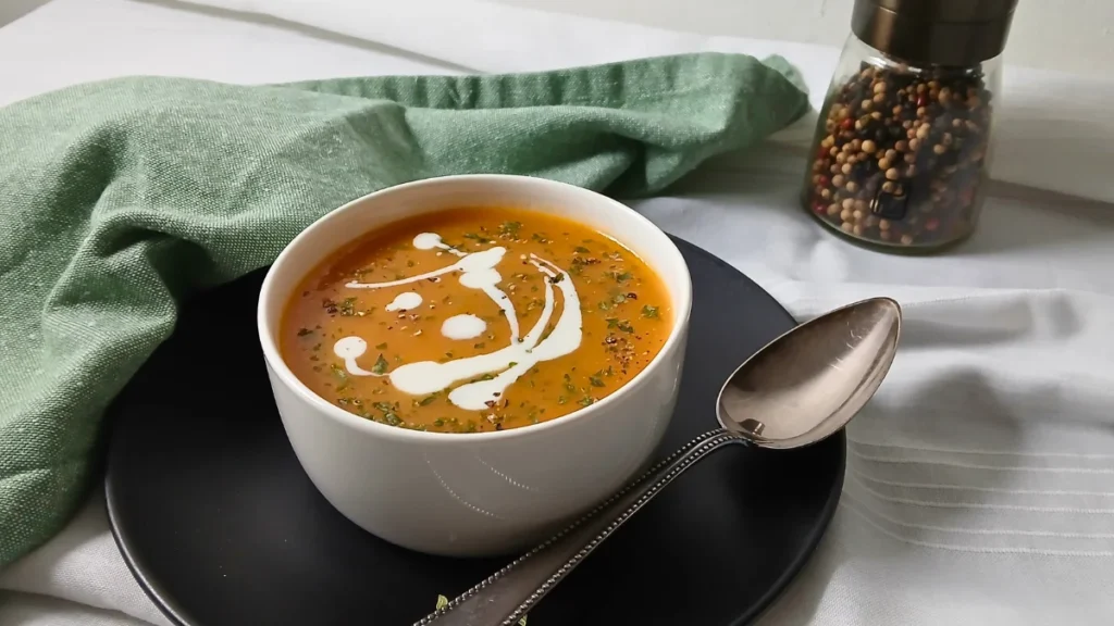 A bowl of instant pot carrot and ginger soup with a swirl of cream and herbs on top, placed on a black plate with a spoon beside it; a green serviette and pepper grinder in the background.