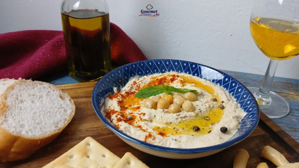 A bowl of homemade hummus topped with whole chickpeas, mint, olive oil, and spices is served on a wooden board alongside bread slices, crackers, a bottle of olive oil, and a glass of white wine.