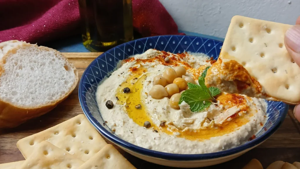 A bowl of creamy hummus garnished with chickpeas, olive oil, spices, and herbs sits on a wooden tray with crackers and sliced bread; a hand dips a cracker into the hummus.