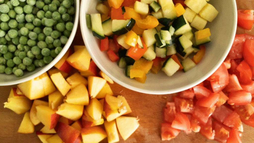 A close-up of a wooden surface features bowls of green peas and diced vegetables, alongside chopped peaches and tomatoes—perfect for meal prepping with fresh cucumber and yellow bell pepper.