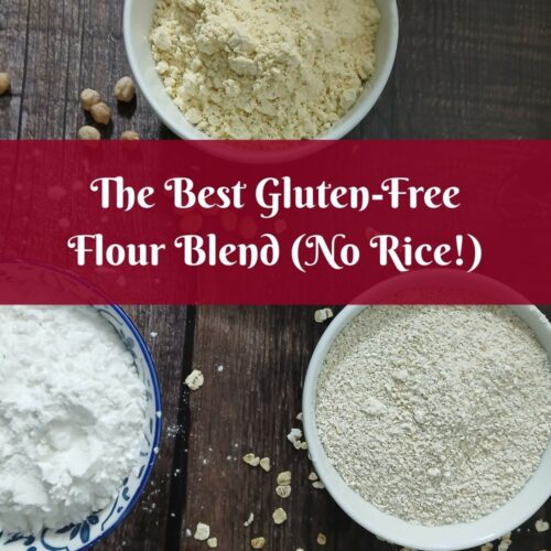 Three bowls filled with different gluten-free flours are arranged on a wooden surface. Text overlay reads: “The Best Gluten-Free Flour Blend (No Rice!)” with a Gourmet Spoonie logo at the bottom.