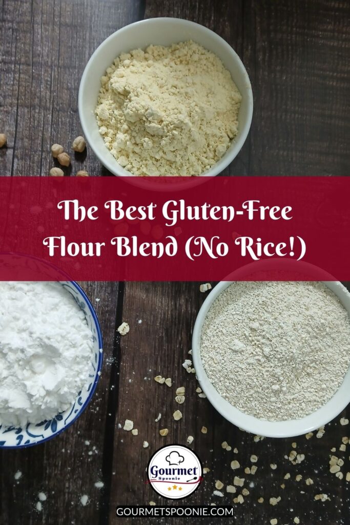 Three bowls filled with different gluten-free flours are arranged on a wooden surface. Text overlay reads: “The Best Gluten-Free Flour Blend (No Rice!)” with a Gourmet Spoonie logo at the bottom.