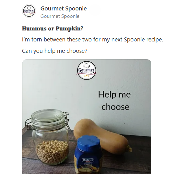 A glass jar of chickpeas and a butternut pumpkin sit on a dark surface with a tub of tahini. Text on the image reads, Help me choose. The post asks whether to choose hummus or pumpkin for a recipe.