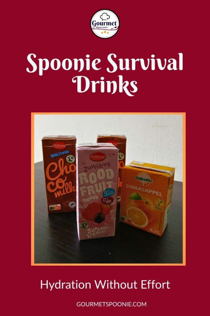 Three colorful boxed drinks—chocolate milk, red fruit yoghurt drink, and orange juice—stand on a table. Text frames the image: Spoonie Survival Drinks, perfect for effortless hydration and daily energy boosts.