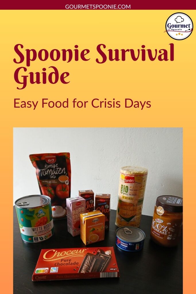 A selection of packaged foods, such as canned goods, crackers, chocolate, tomato soup, and snacks, is displayed on a table beneath the headline Spoonie Survival Guide: Easy Food for Crisis Days.
