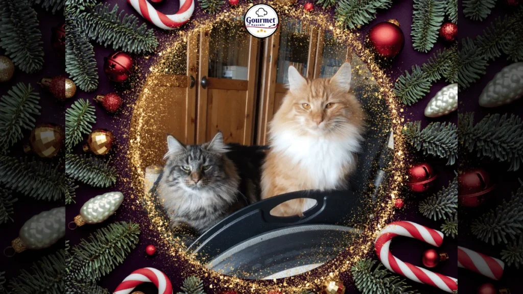 Two fluffy cats, one grey and one orange, sit indoors framed by a festive Christmas border of pine branches, ornaments, candy canes, and gold glitter. A gentle nudge to take time to rest and relax during your Spoonie Christmas.