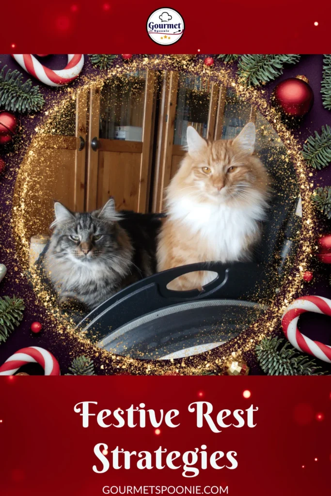 Two fluffy cats, one orange and one gray, sit together indoors. The image is framed with festive pine branches, ornaments, and candy canes. Text at the bottom reads Festive Rest Strategies.