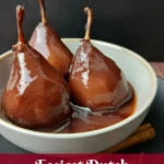 A bowl with three stewed pears in dark red sauce, garnished with cinnamon sticks. Text overlay reads: Easiest Dutch Stoofperen Ever and gourmetspoonie.com, with a Gourmet Spoonie logo at the top.