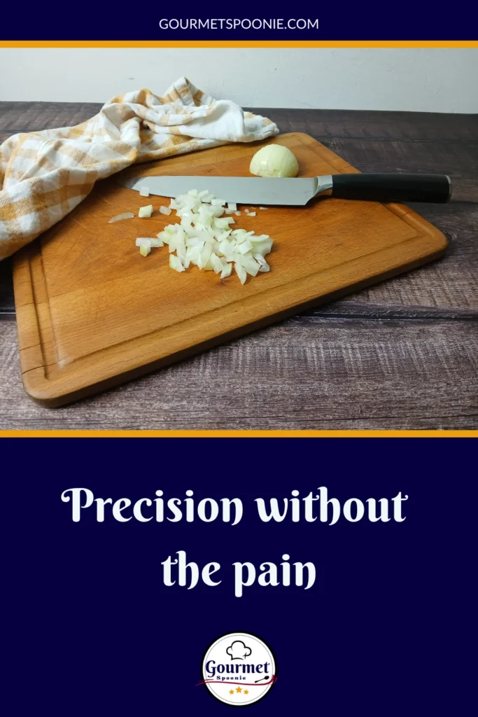 Japanese chef’s knife on a wooden board with chopped onion, showing traditional knife use as a safe option compared with L-shaped or angled knives for accessible cooking. Text overlay reads: Precision without the pain.