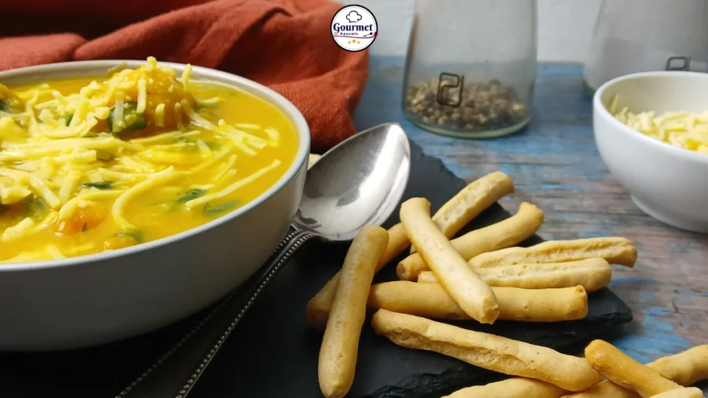 A bowl of creamy yellow warming autumn soup topped with shredded cheese sits beside a spoon and several breadsticks, with a small bowl of cheese and spice jars in the background on a rustic blue wooden surface.