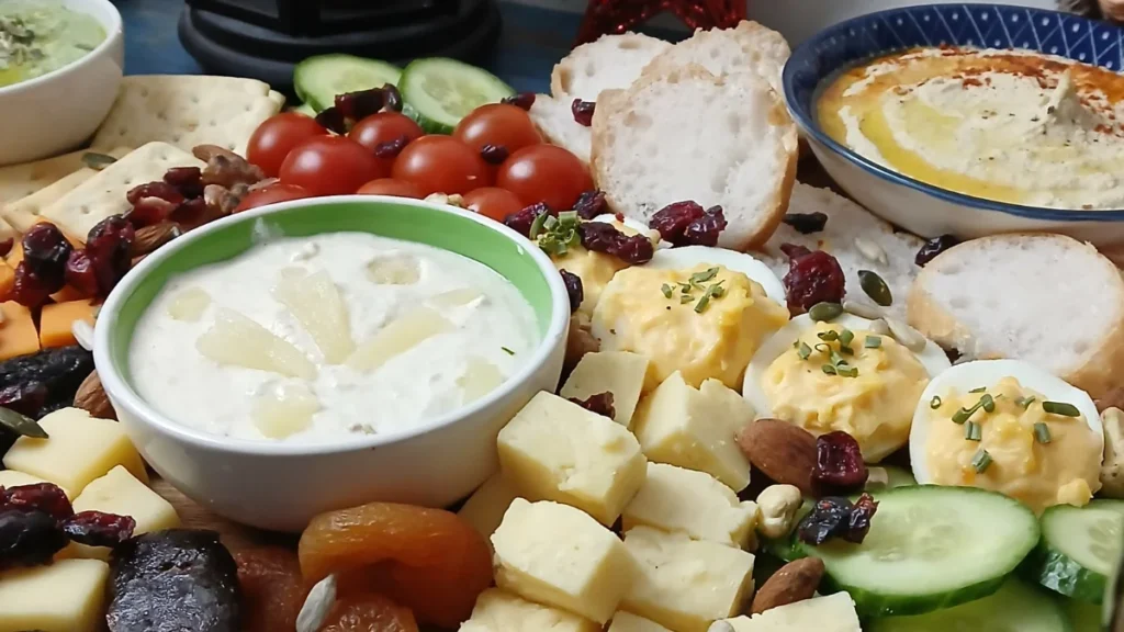 A vegetarian grazing board featuring assorted cheeses, deviled eggs, sliced cucumber, cherry tomatoes, bread, dips in bowls, dried fruits, seeds, and nuts arranged as a vibrant snack or appetizer spread.