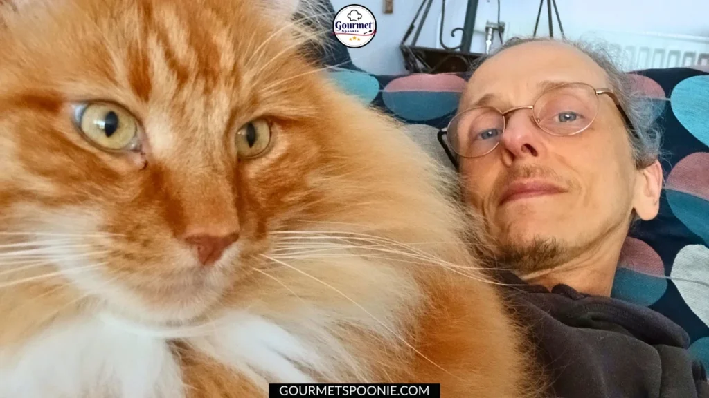 A man with glasses reclines on a colourful pillow, surviving on borrowed spoons after a post-holiday burnout, while a fluffy orange and white cat sits close to the camera, partially blocking the view. Both look relaxed and comfortable indoors.
