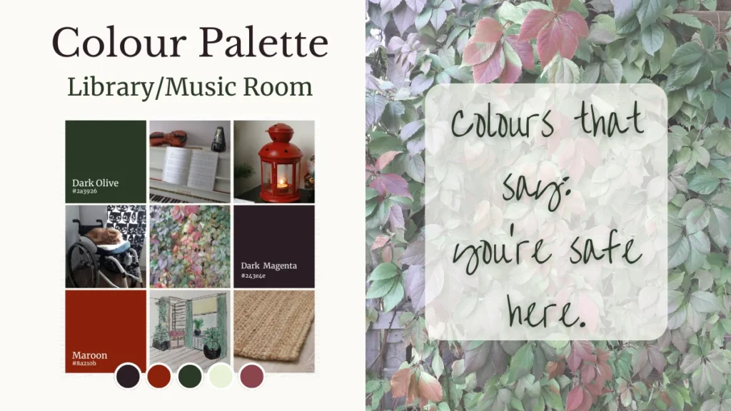 Autumn-inspired sensory-friendly colour palette moodboard for a cosy, accessible home library design with warm greens, maroon, and soft lighting.