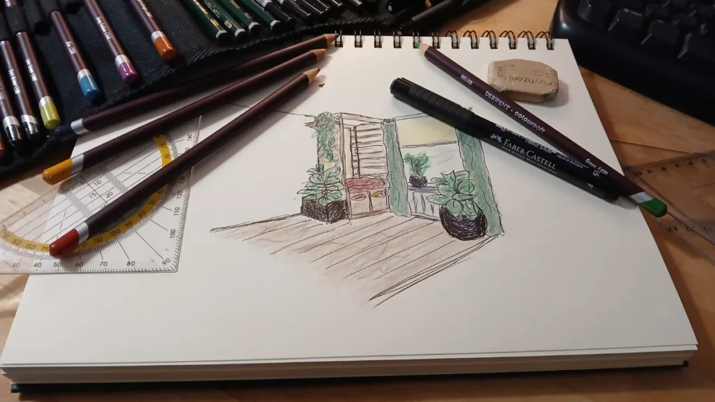 Coloured sketch of a wheelchair-accessible cat condo design for a multifunctional home library with hidden litter storage and climbing space.