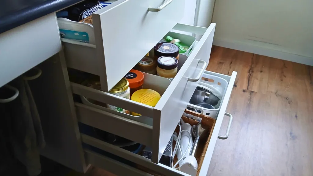 Accessible kitchen design with drawers in a low-energy kitchen. 