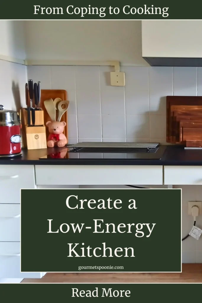 Clutter-free low-energy kitchen worktop with minimal items and accessible layout for fatigue-friendly cooking