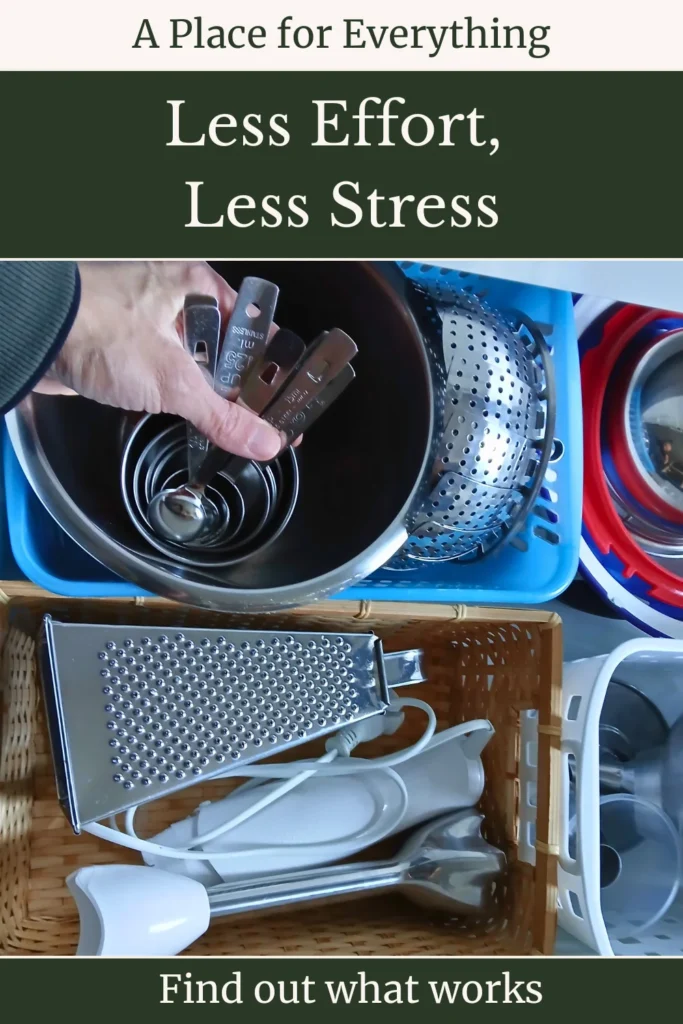 Organised kitchen drawer with utensils arranged for easy access and low-effort cooking