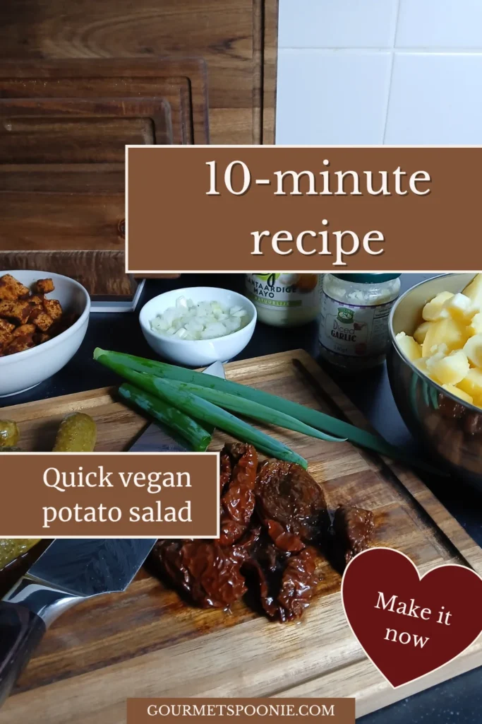 Ingredients for quick vegan potato salad laid out on a chopping board