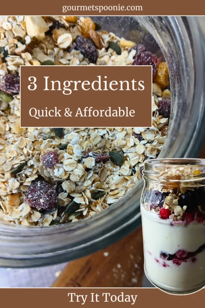 Top-down view of a jar filled with gluten-free muesli including oats, seeds, and dried fruit, used for a simple yoghurt parfait recipe.