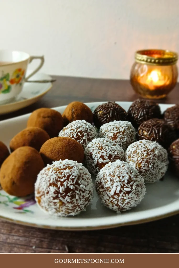 Healthy chocolate date energy bites served on a decorative tray.