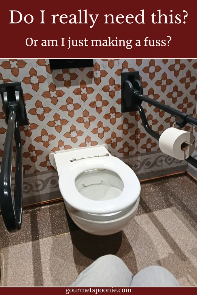 Accessible toilet with grab rails, patterned wall tiles, and a toilet; text above reads, Do I really need this? Or is it just internalised ableism making me feel like I’m making a fuss?.