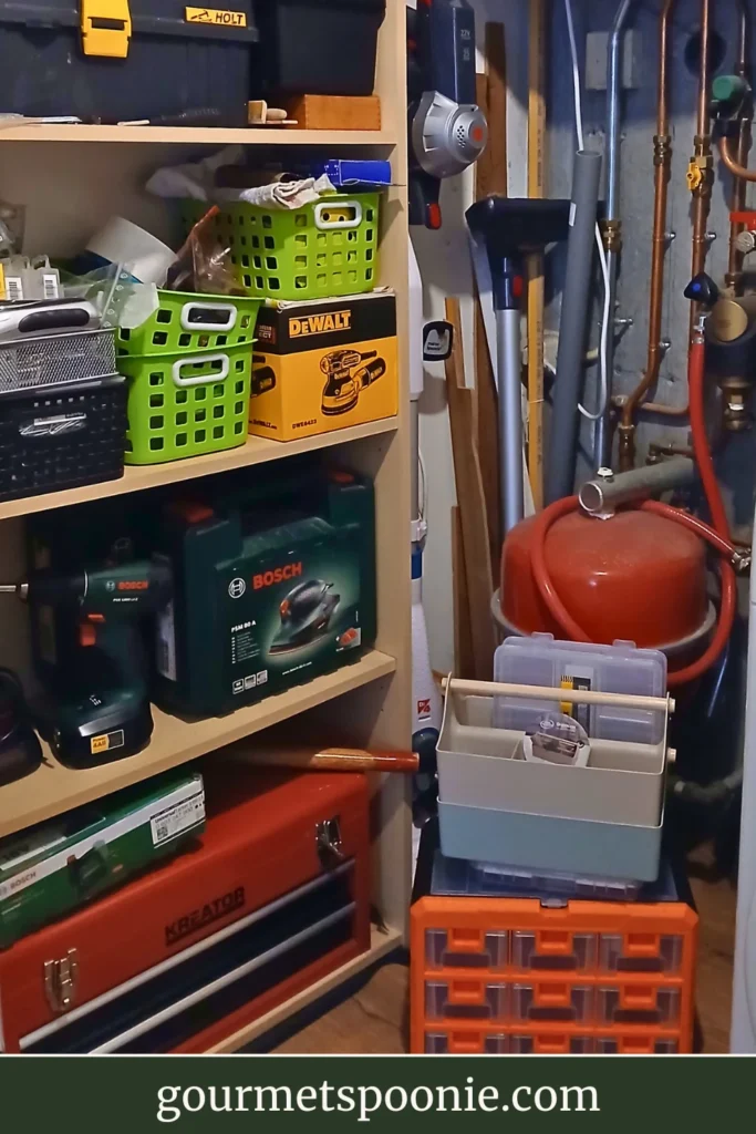 cluttered DIY cupboard and new storage for DIY tool organisation.