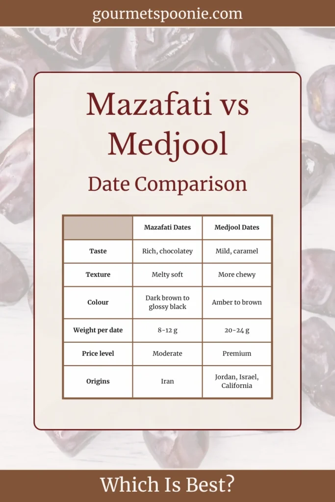 Date comparison infographic showing Mazafati dates versus Medjool dates, highlighting differences in sweetness, moisture, size, and cost.