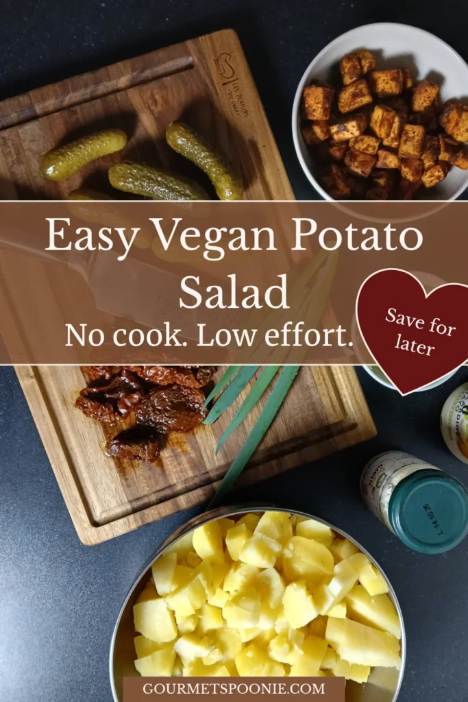 Ingredients for easy vegan potato salad laid out on a chopping board