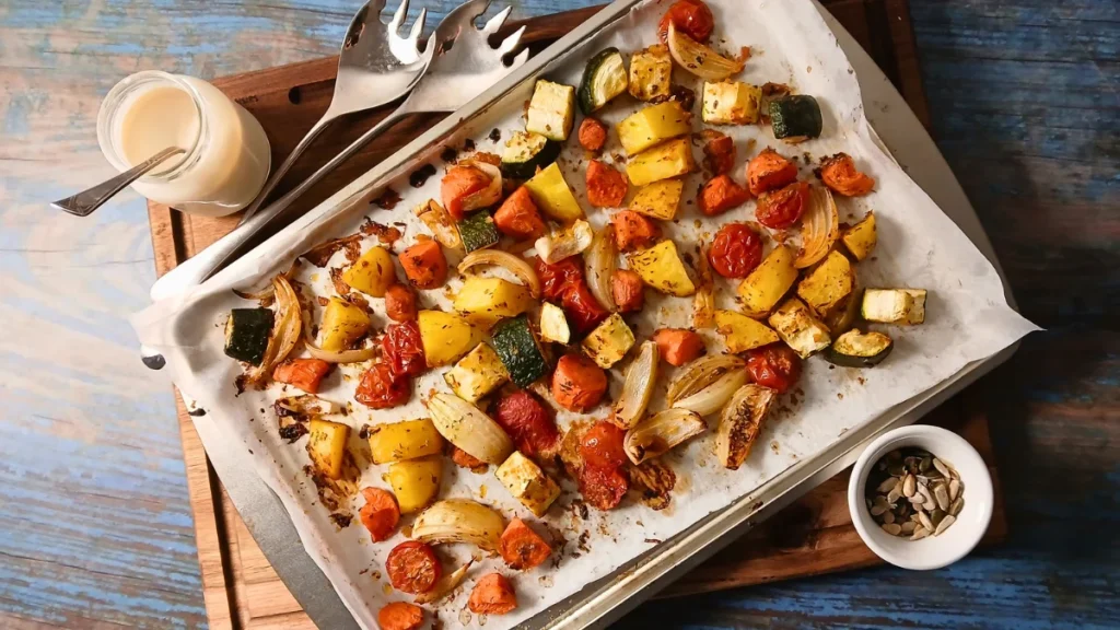 Overhead view of a roasted vegetable traybake with potatoes, carrots, courgette, and cherry tomatoes in a baking tray
