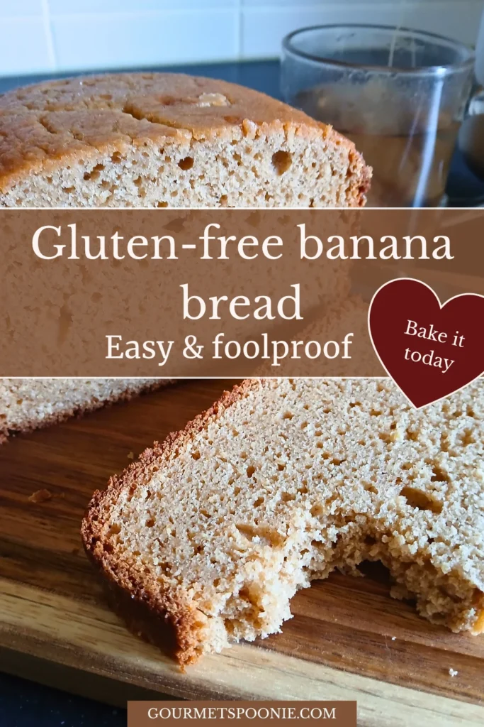 A sliced loaf of gluten-free banana bread on a wooden chopping board.