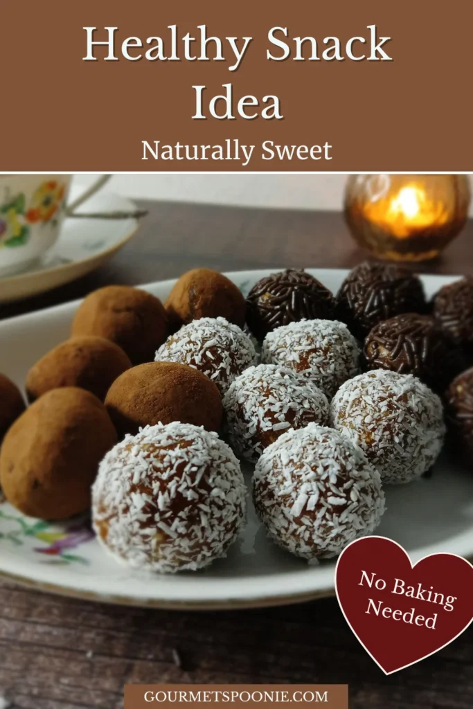 Healthy chocolate date energy bites served on a decorative tray with tea, simple no-bake snack idea.