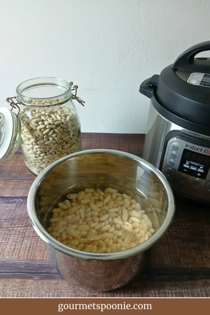 navy beans soaking in Instant Pot insert with jar of dried beans and pressure cooker in background