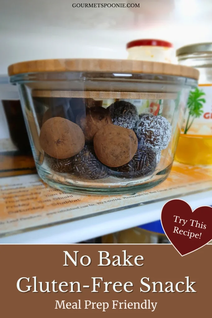 Gluten-free chocolate date energy balls stored in a glass container, ready for meal prep and snacking.