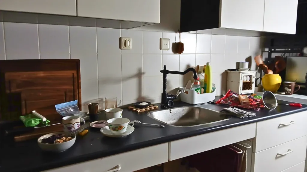 Messy kitchen after a recipe photoshoot with bowls, cups and saucers, and empty packaging scattered across the worktop