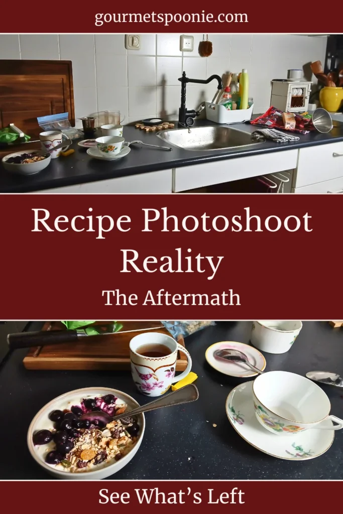 Messy kitchen after a recipe photoshoot with bowls, cups, and empty packaging scattered across the worktop