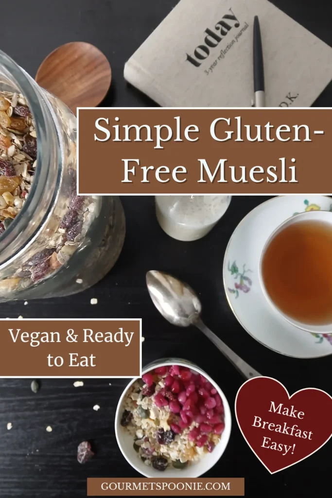 Flat lay of a vegan gluten-free muesli bowl with fresh berries and plant-based milk on a breakfast table.