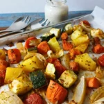 roasted vegetables on a tray, ready to be served