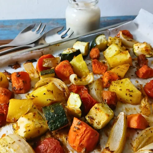 roasted vegetables on a tray, ready to be served