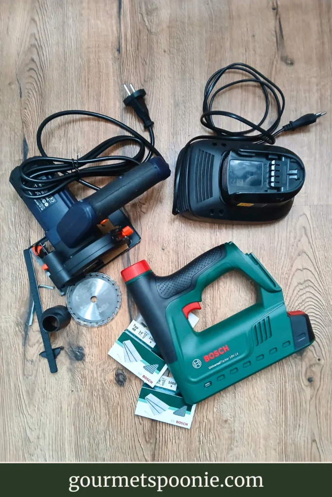 Bosch 18V tacker and cheap mini circular saw for DIY project cat condo.