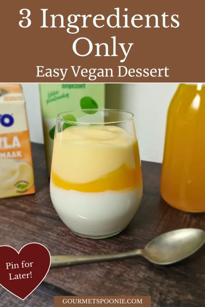 Layered vegan vlaflip dessert in glass with visible custard yoghurt and squash layers.