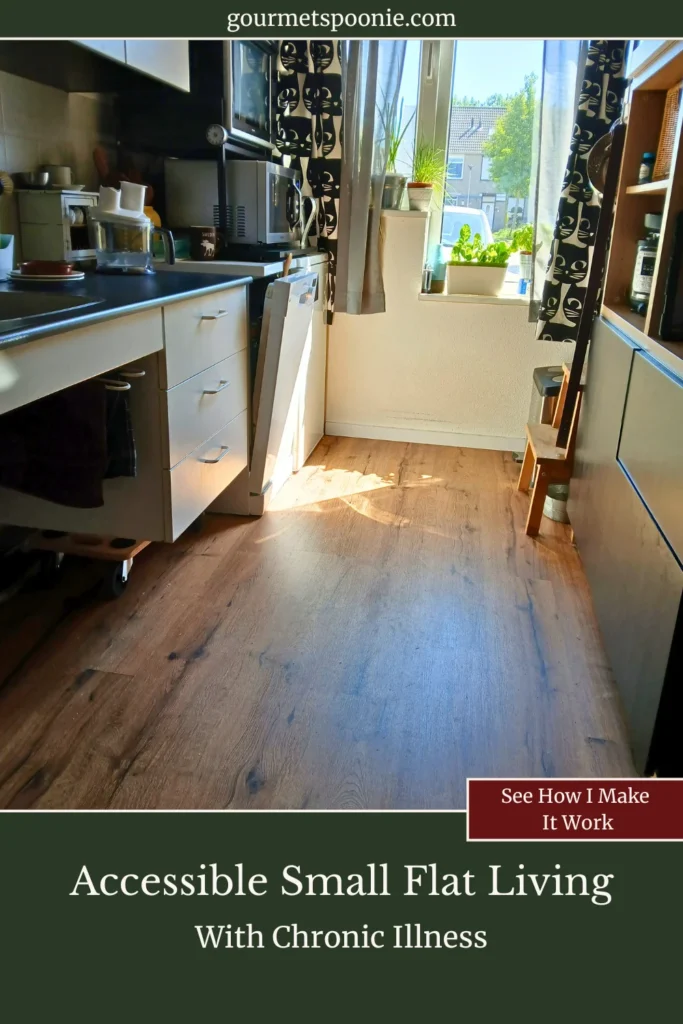 Accessible kitchen in a small flat designed for wheelchair use and low-energy cooking