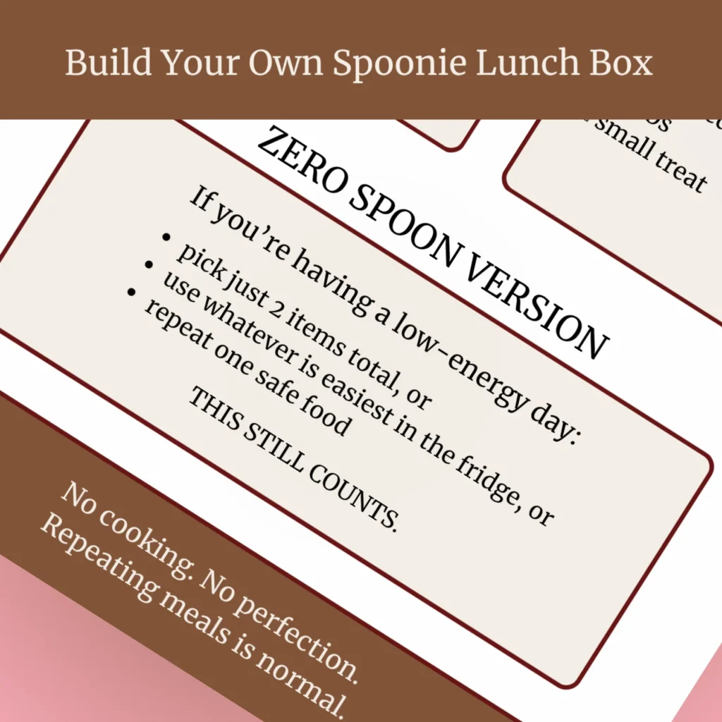 Preview of the ‘Build Your Own Spoonie Lunch Box’ printable worksheet with low-energy meal planning prompts and mix-and-match lunch box sections