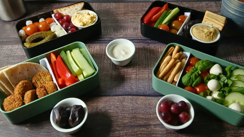Four healthy lunchbox ideas with different ingredients, including vegetables, hummus, bread sticks, and fruit.
